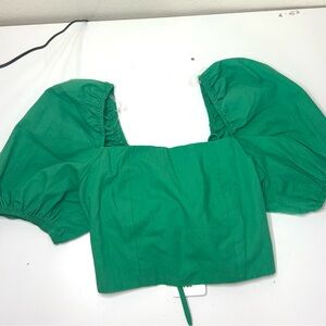 American Threads Green Crop Top with Puff Sleeves